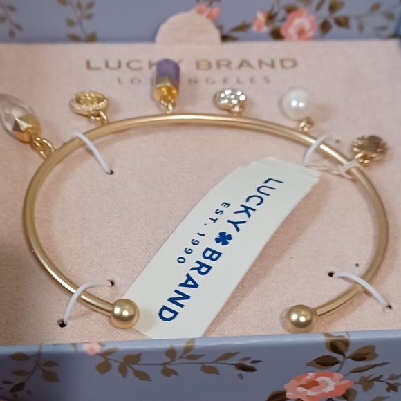 LUCKY BRAND 🍀 GOLD QUARTZ AMETHYST HEALIING GEMSTONES CHARM BANGLE BRACELET - Picture 8 of 9